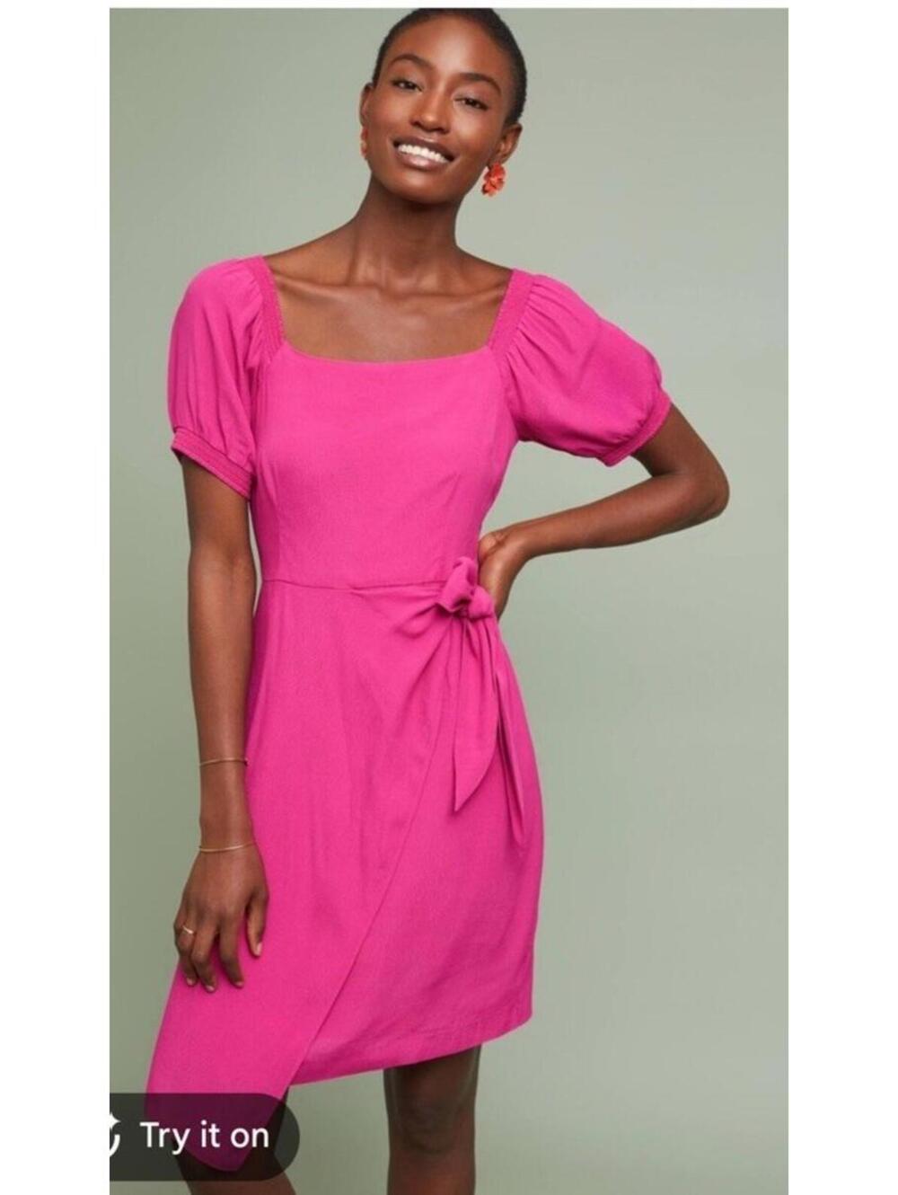 Anthropologie Maeve Dress 2P Fuschia Pink Wrap Tie Waist Square Neck Puff Sl